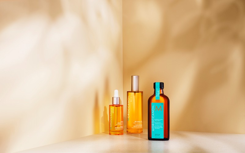 Argan oil-infused Moroccanoil products, including Moroccanoil Treatment, Dry Body Oil and Pure Argan Oil. 